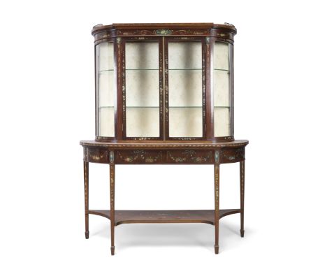 An Edwardian mahogany display cabinet on stand, Sheraton revival, first quarter 20th century, hand-painted with flowers, frui