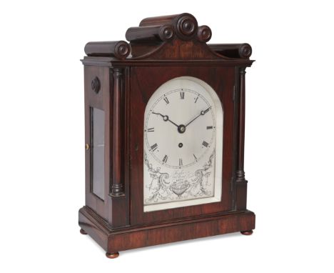 A Victorian rosewood bracket timepiece, by Fisher, Bath, mid-19th century, the case with scrolling pediment above turned colu