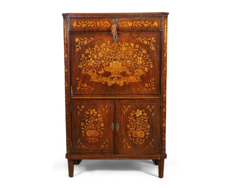 A Dutch marquetry mahogany secretaire abattant, first quarter 19th century, frieze drawer above fall front, enclosing fitted 