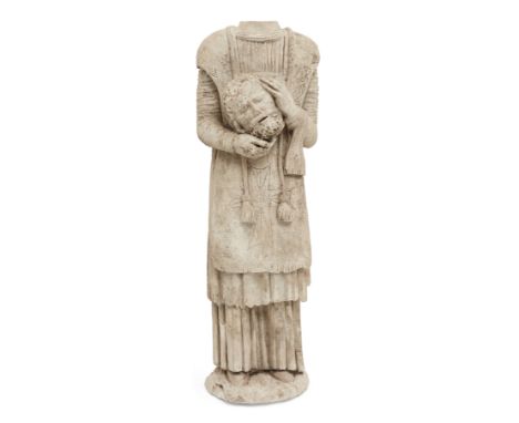 A plaster figure of St Denis, late 19th century, depicting standing frontally in his robes and holding his severed head in hi