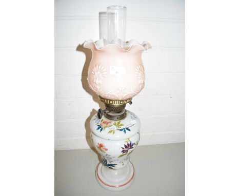 VICTORIAN OIL LAMP WITH FRILLED GLASS SHADE AND FLORAL DECORATED BODY