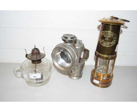 MIXED LOT:  MINERS LAMP, VINTAGE CARBIDE LAMP AND A SMALL OIL LAMP BASE (3)