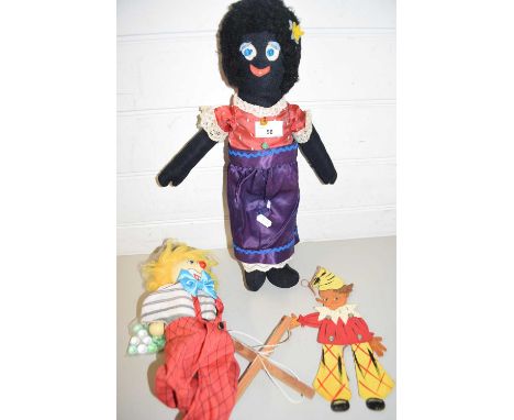 MIXED LOT: VINTAGE CLOWN PUPPET, FURTHER FABRIC DOLL AND A WOODEN SHADOW PUPPET (3)