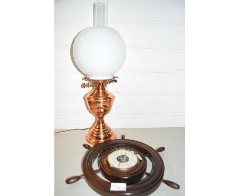 SHIPS WHEEL FORMED BAROMETER AND AN ELECTRICALLY CONVERTED OIL LAMP (2)