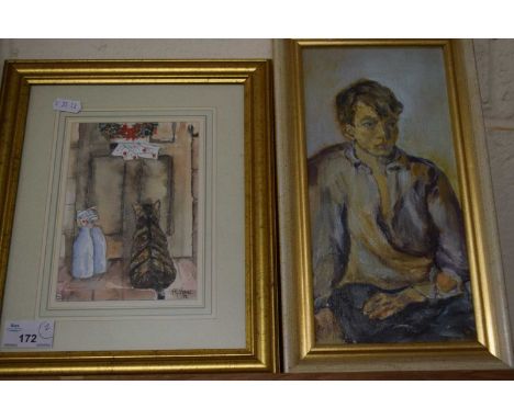 MIXED LOT:  P G COMER "THE CHRISTMAS ORPHAN", WATERCOLOUR TOGETHER WITH 20TH CENTURY SCHOOL PORTRAIT OF A YOUNG MAN, OIL ON B