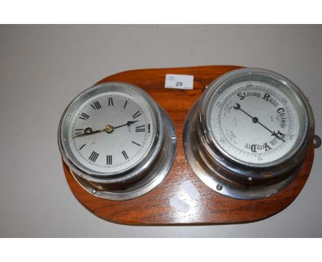 SESTREL SHIPS BULKHEAD BAROMETER AND CLOCK ON WOODEN MOUNT