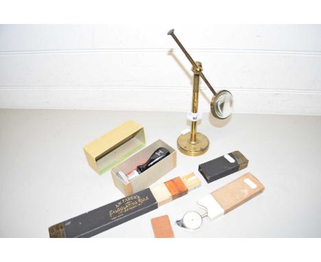 MIXED LOT: TABLE MAGNIFIER, VINTAGE SLIDE RULE, DESK STAMP ETC