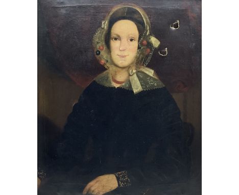 T Lang (Early 19th century): Portrait of a Lady with a Lace Bonnet and Collar, oil on canvas signed and dated 1842, 72cm x 61