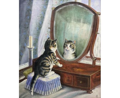 Graham Flight (20th century): Cat at the Dressing Mirror, oil on canvas signed with initials 60cm x 50cm