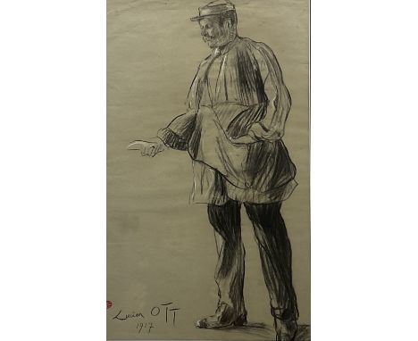 Lucien Ott (French 1870-1917): Portrait of a Postman, charcoal heightened in white with artist's studio stamp signed and date