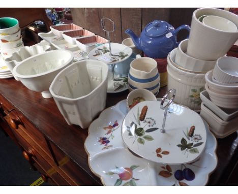 THREE VICTORIAN CERAMIC FOOD MOULDS, one formed as a castle, and other kitchen ceramics
