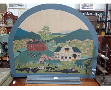 AN AMERICAN FOLK ART STYLE PAINTED PANEL mounted as a fire screen, decorated with a farm yard scene, 90cms wide