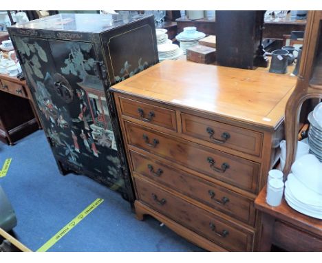 A REPRODUCTION YEW CHEST OF DRAWERS, 76cm wide, a mahogany tray, and a Chinese lacquered two door cabinet (3)