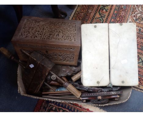 A 19TH CENTURY MARBLE TOP CHEESE CUTTER WITH WIRE, a carved pipe rack and sundries
