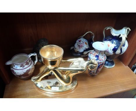 A POOLE POTTERY OWL, and Art Deco style gilt figure of a nude woman, a pair of 19th century hand-painted vases (examine) and 