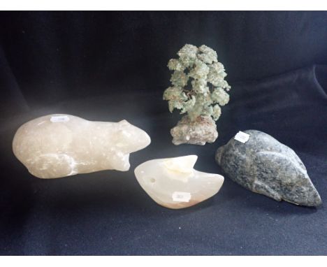 A 'JADE' TREE, a carved alabaster animal and two similar
