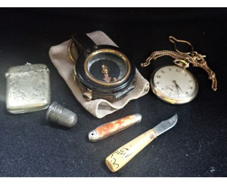 A MILITARY POCKET COMPASS, a pocket watch and sundries