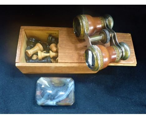 A WOODEN CHESS SET, a pair of opera glasses and an onyx dish