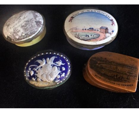 AN 18TH CENTURY ENAMEL PATCH BOX, 'View of Weymouth', two similar and a Mauchline ware 'Weymouth' thimble box (4)