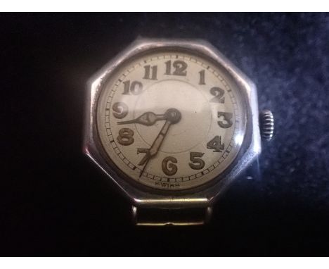 AN ART DECO STYLE LADIES SWISS SILVER CASED WRISTWATCH, of octagonal form