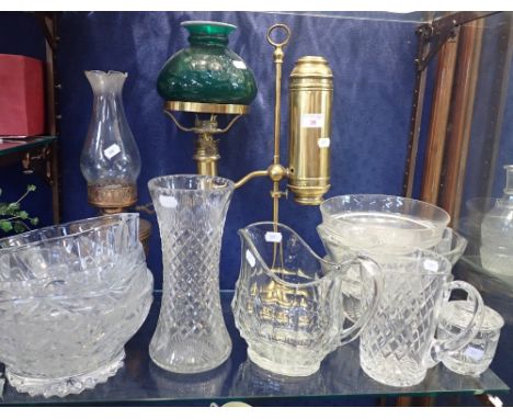 A BRASS 'COLZA' TYPE LAMP, another oil lamp and a collection of glassware