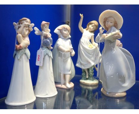 LLADRO; THREE YOUNG WOMEN FIGURES and two 'pixie' bells (5) (with boxes)
