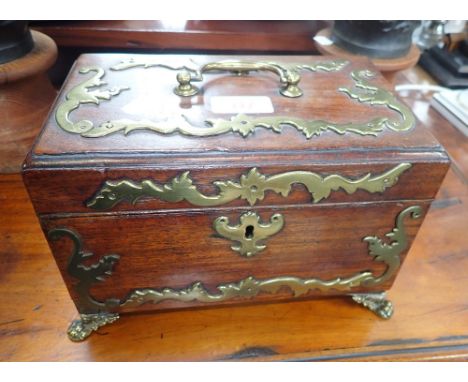 A GEORGE II MAHOGANY TEA CADDY with brass mounts