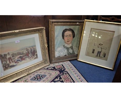 TWO COLOUR PRINTS AND AN EDWARDIAN OIL ON BOARD PORTRAIT