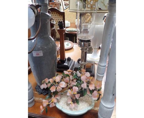A SILVER PLATED SPRING LOADED 'SHERWOOD LTD' CANDLE LAMP with glass shade, other lamps and a Chinese ornamental tree