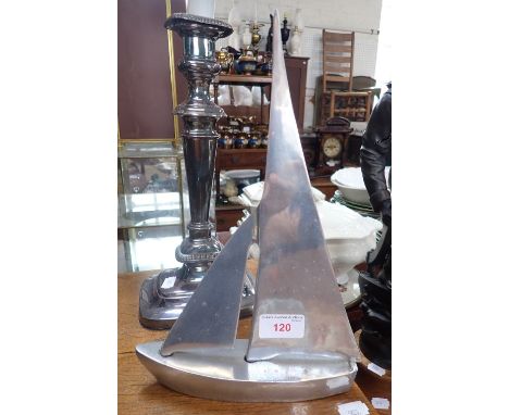 AN ART DECO STYLE CAST ALUMINIUM YACHT, 30cms high