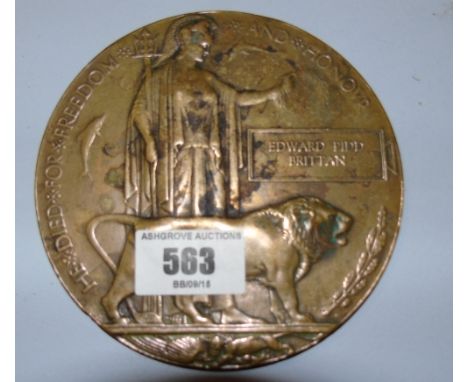 A First World War Memorial Plaque to Edward Pidd Brittain.