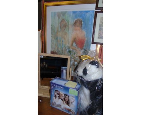 A Good Collection of Items: a dressing table mirror, large Panda cuddly toy, a Janet Treby print, new Sassoon hair dryer, a f