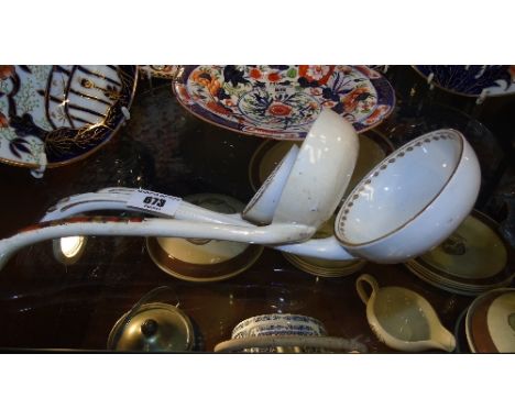Two Large Victorian China Soup Ladles And A Sauce Ladle.