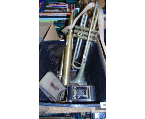 A Box Lot with Brass Telescope, Brownie Model F Camera, a German Camera in Canvas Case & a Trumpet.