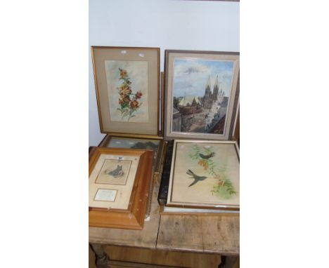 A Selection of Watercolours & Prints to include a Mac print of a terrier, floral watercolour, oil on canvas by K. Konier of a
