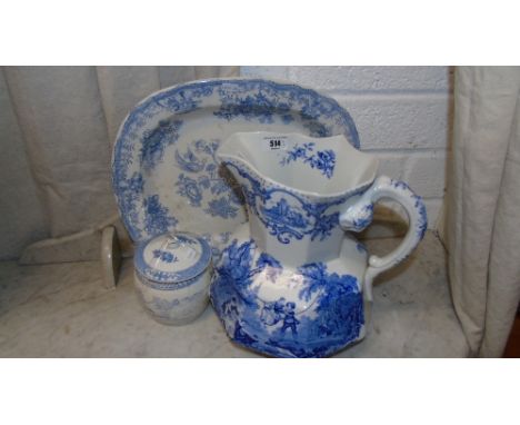 A Large Mason's Blue & White Patterned Jug, Meat Platter & Tea Caddy (3)..