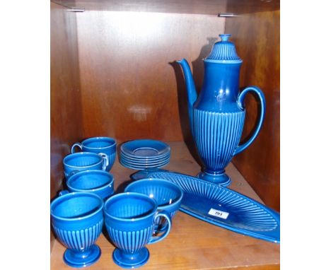 A Carlton Ware Coffee Service, having blue glaze, of half reeded design, comprising a coffee pot, sugar bowl, biscuit tray an