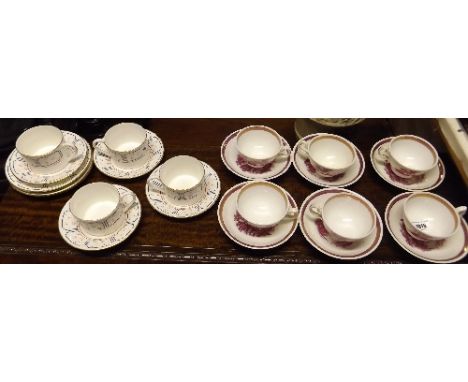 Set of Six Sunderland Lustre Open Tea Cups And Saucers,  the set is designed in scenic decorations, together with a twelve pi