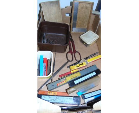 A Box Lot of Engineering Tools to Include a Tin Snips, An Engineers Square, Punches, Reamers etc.