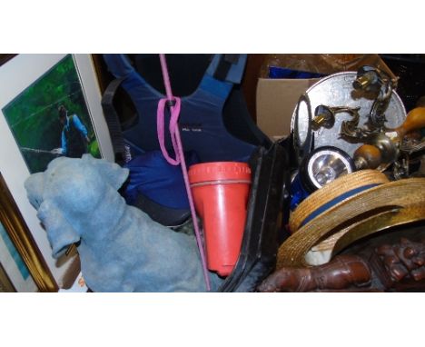 Two Boxes of Assorted Items to include straw boaters, silver-plate tray, torches, umbrella/stick stand, child's riding vest, 