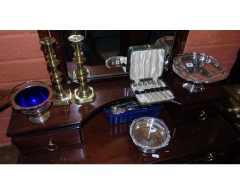 A Good Selection of Brass & Silver-Plate to include Two Brass Shell Casings Dated 1917 & 1954, a pair of Victorian brass cand