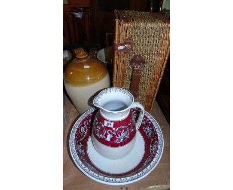 A Wicker Hamper, an Earthenware Flagon from Caledonia Pottery & a Victorian Wash Jug & Basin (a/f)(3).