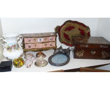 A large Quantity of items to Include a 19th Century Rosewood Box, along with other jewellery boxes, paperweights, hunting jug