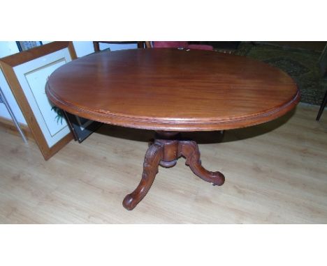 A Victorian Mahogany Loo Table on carved tripod base, the top 4ft x 3ft 3ins.