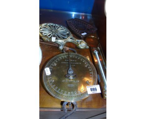 A Salters 40lb Brass Spring Balance Scale, along with a Vintage Brannon of London Brass Kitchen Thermometer, Brass Trivet & a