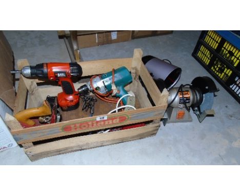 A Quantity of Power Tools to Include a Black and Decker Rechargeable Drill, A Vintage Peugeot Drill, A ROK Bench Grinder etc.