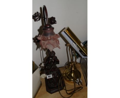 A Moulded Resin Table Lamp in the Form of a Seated Lady Reading, along with a brass desk lamp. 