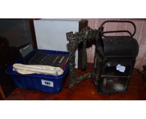 An Interesting Lot:  Vintage Glass Lantern Slides (UK Scenes), an Old Lamp, Musical Themed Picture Frame, Slide Box, etc.