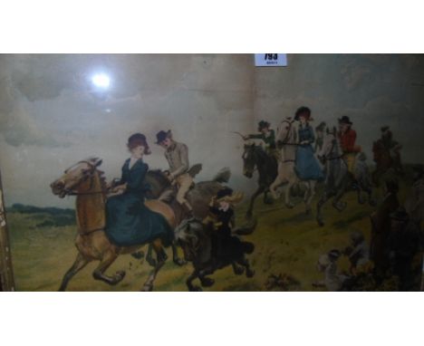 Comical Coloured Print Of Hunting Scene In Original Oak Frame.