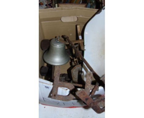 A 19th century Cast Bell, Branding Irons, Scales, etc.